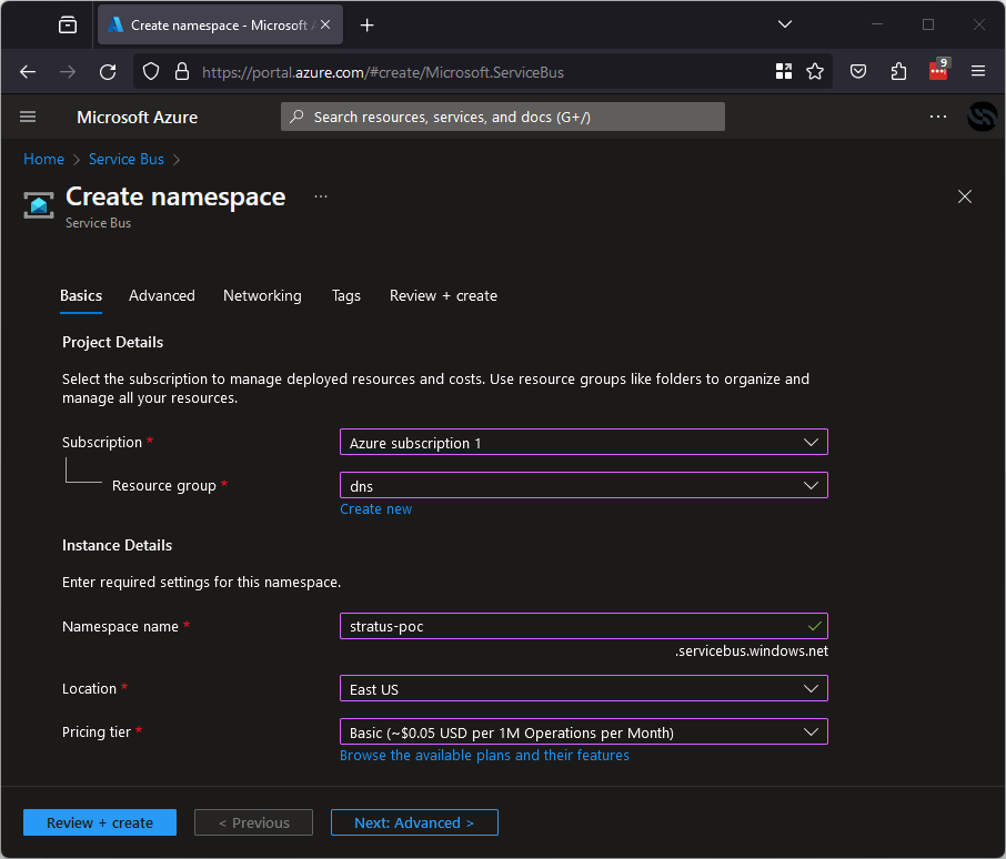 Azure portal showing service bus creation