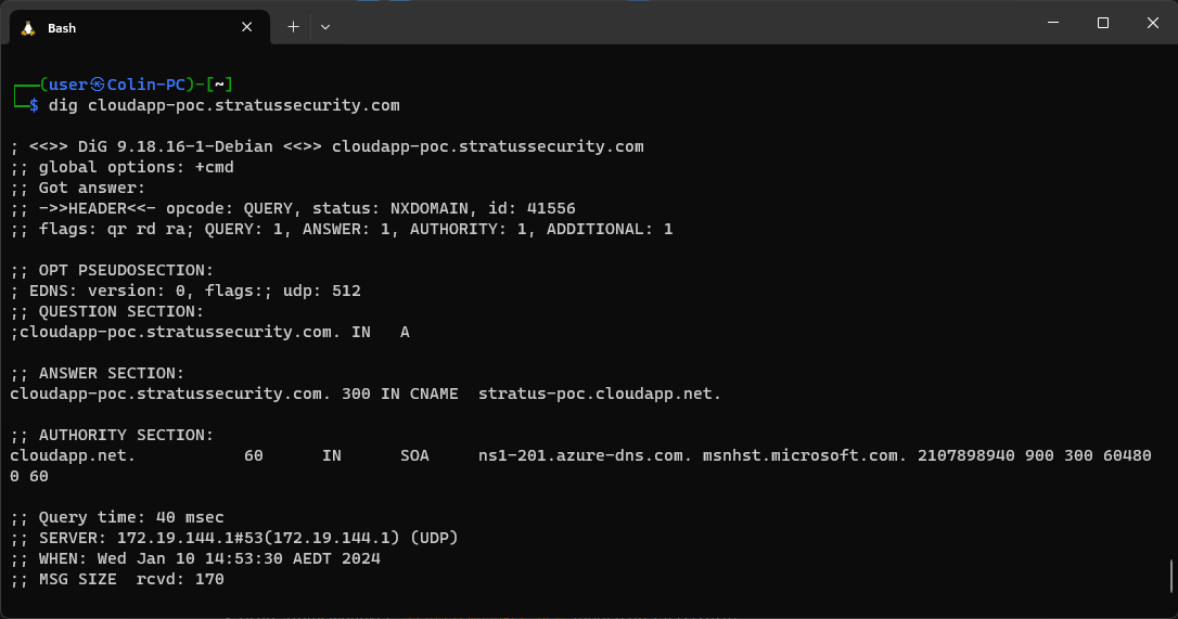 cli showing dig output for cloudapp takeover