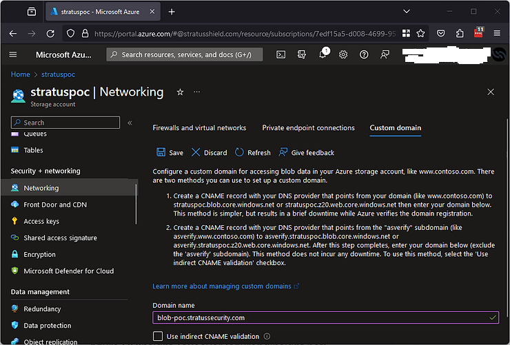 Azure portal showing blob storage custom domain