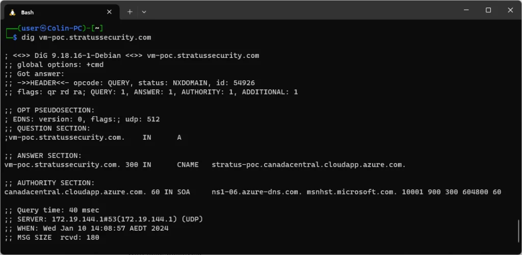 cli showing dig output for vm takeover