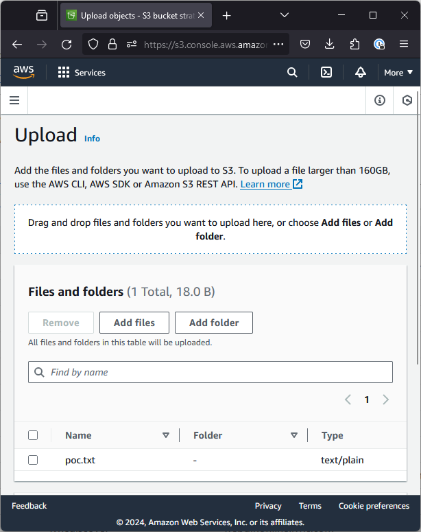 AWS console showing S3 upload