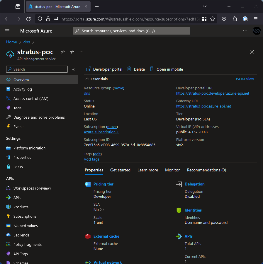 Azure portal showing api management overview