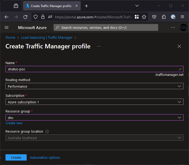 Azure portal showing traffic manager profile