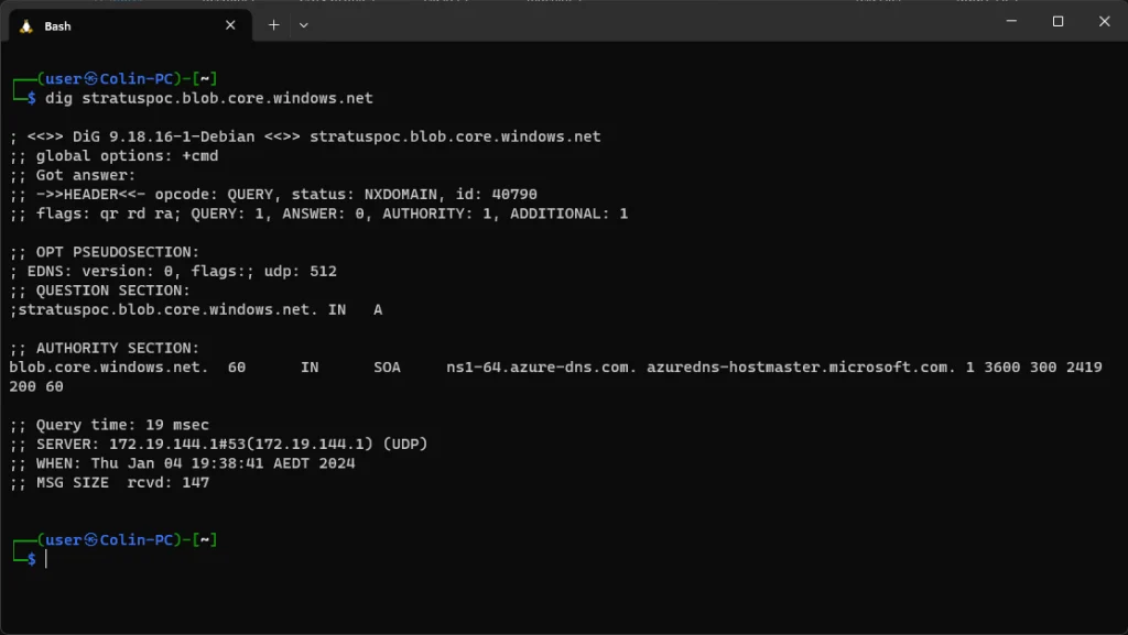 cli showing dig output for blob storage takeover