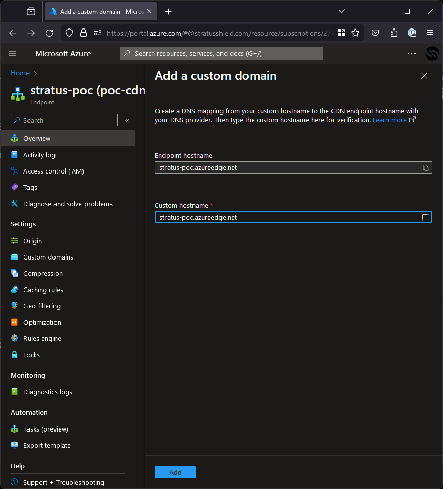 Azure portal custom hostname