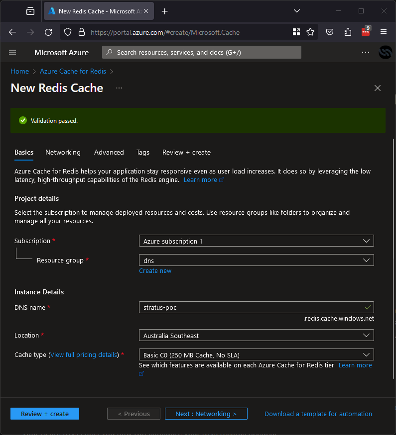 Azure portal showing redis cache
