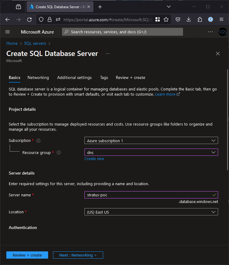 Azure portal showing db creation