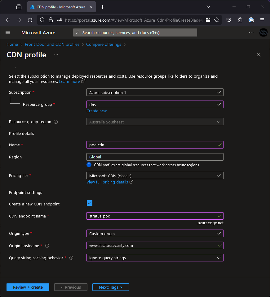 Azure showing cdn profile creation