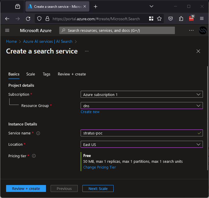 Azure portal showing search service creation