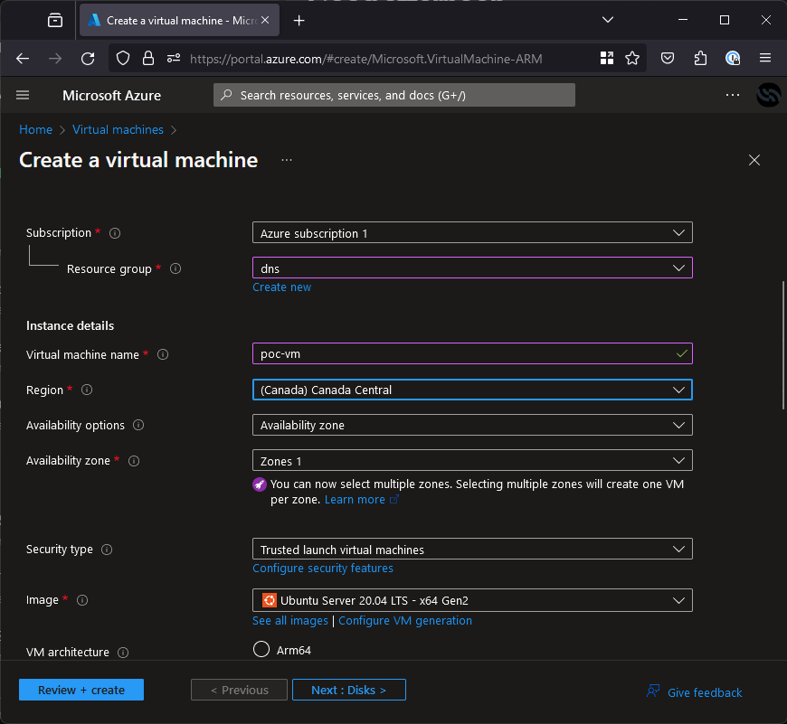 Azure portal for vm creation