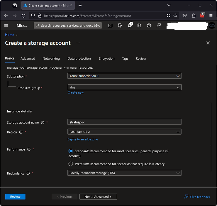 Azure portal showing blob storage creation