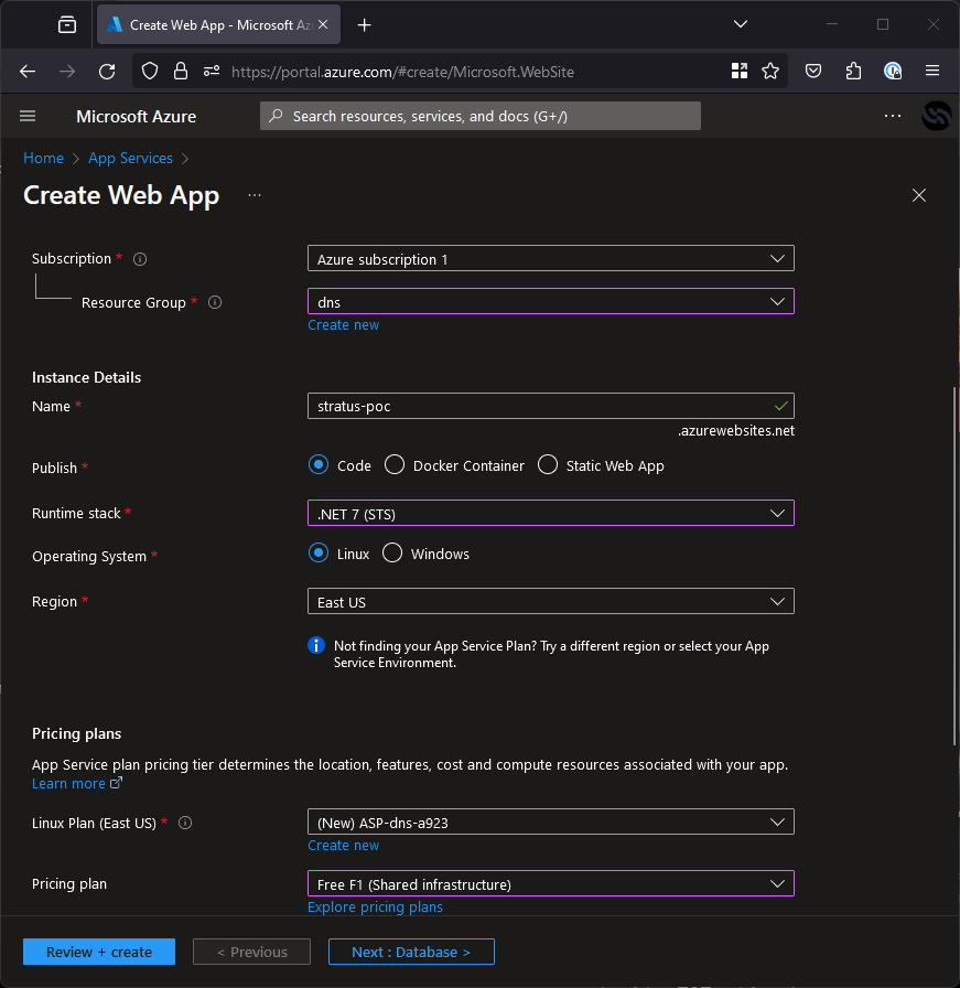 Azure portal showing app service creation