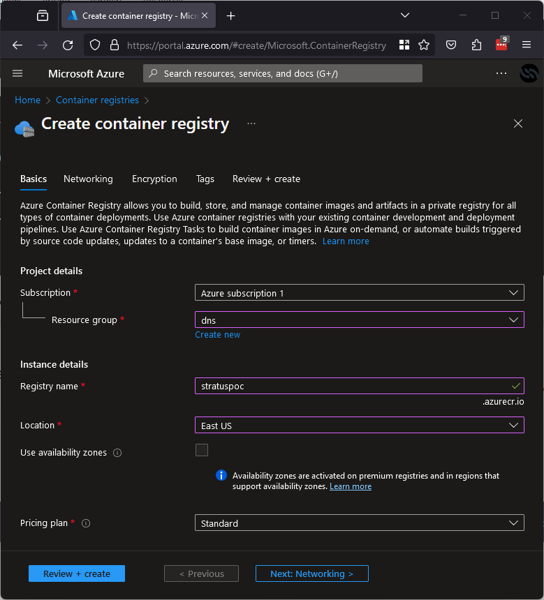 Azure portal showing container registry creation