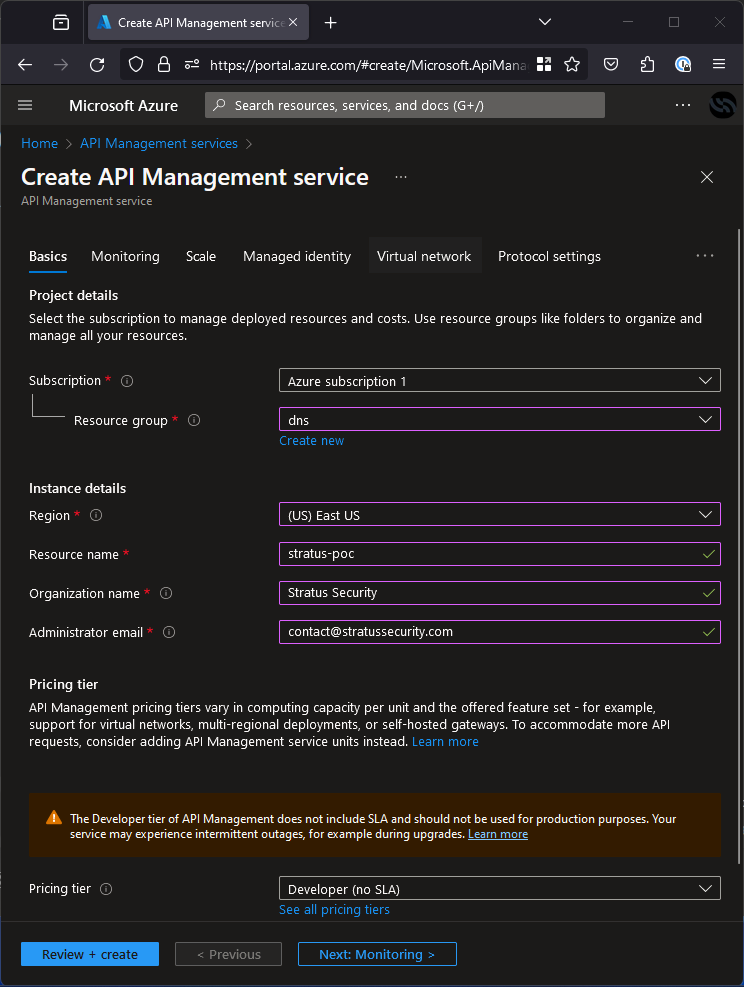 Azure portal showing api management creation
