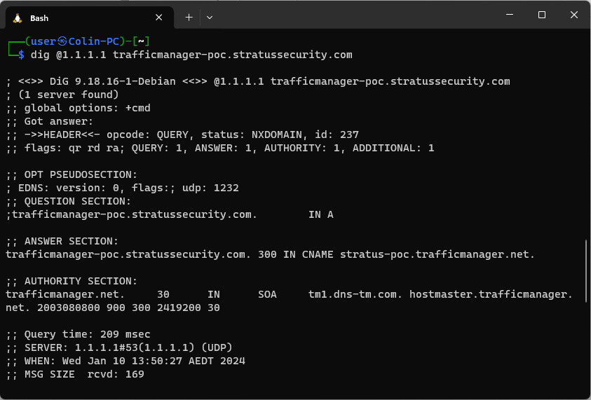 cli showing dig output for traffic manager takeover