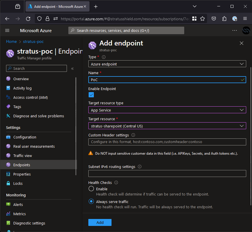 Azure portal showing traffic manager endpoint