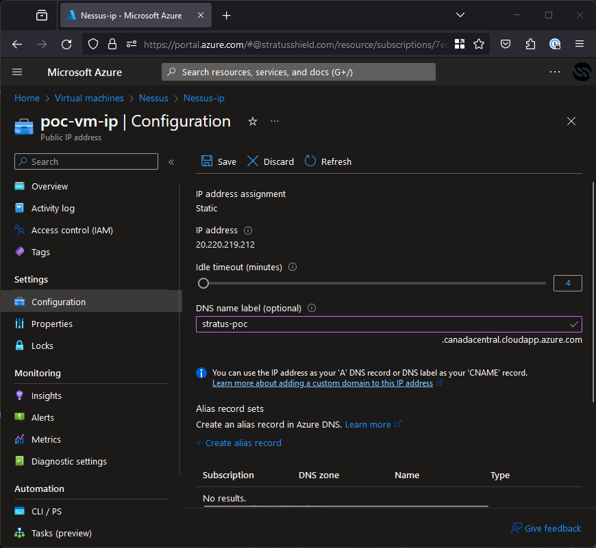 Azure portal for setting vm dns name