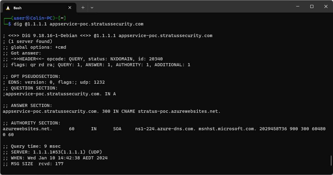 cli showing dig output for app service takeover