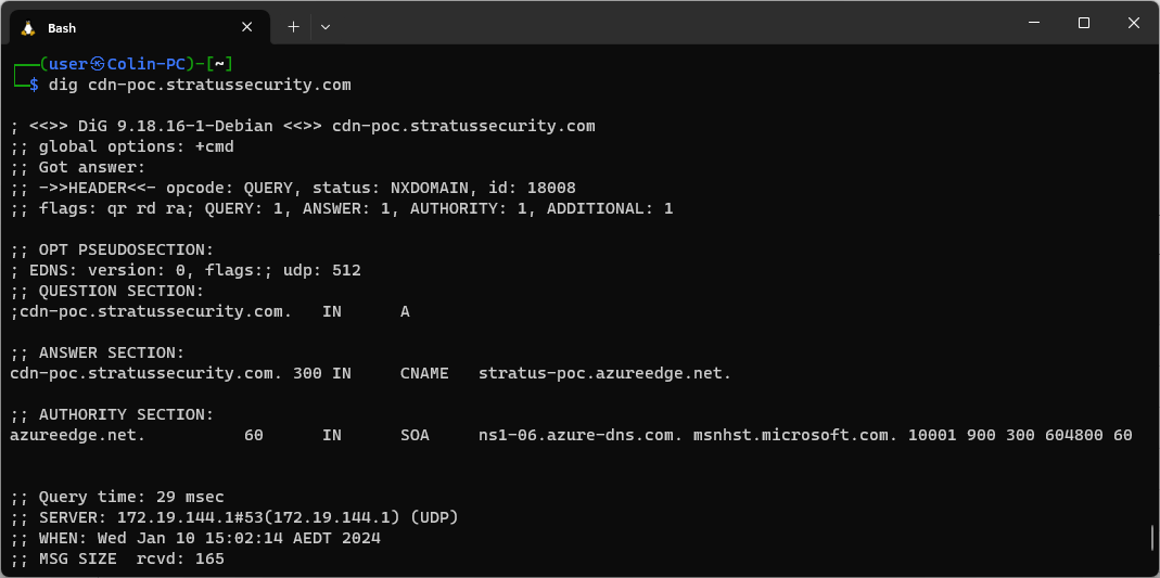 cli showing dig output for cdn takeover