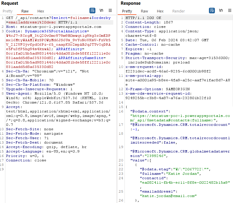 Screenshot of vulnerable response for second vuln