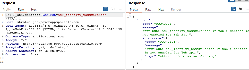 Screenshot of expected error response