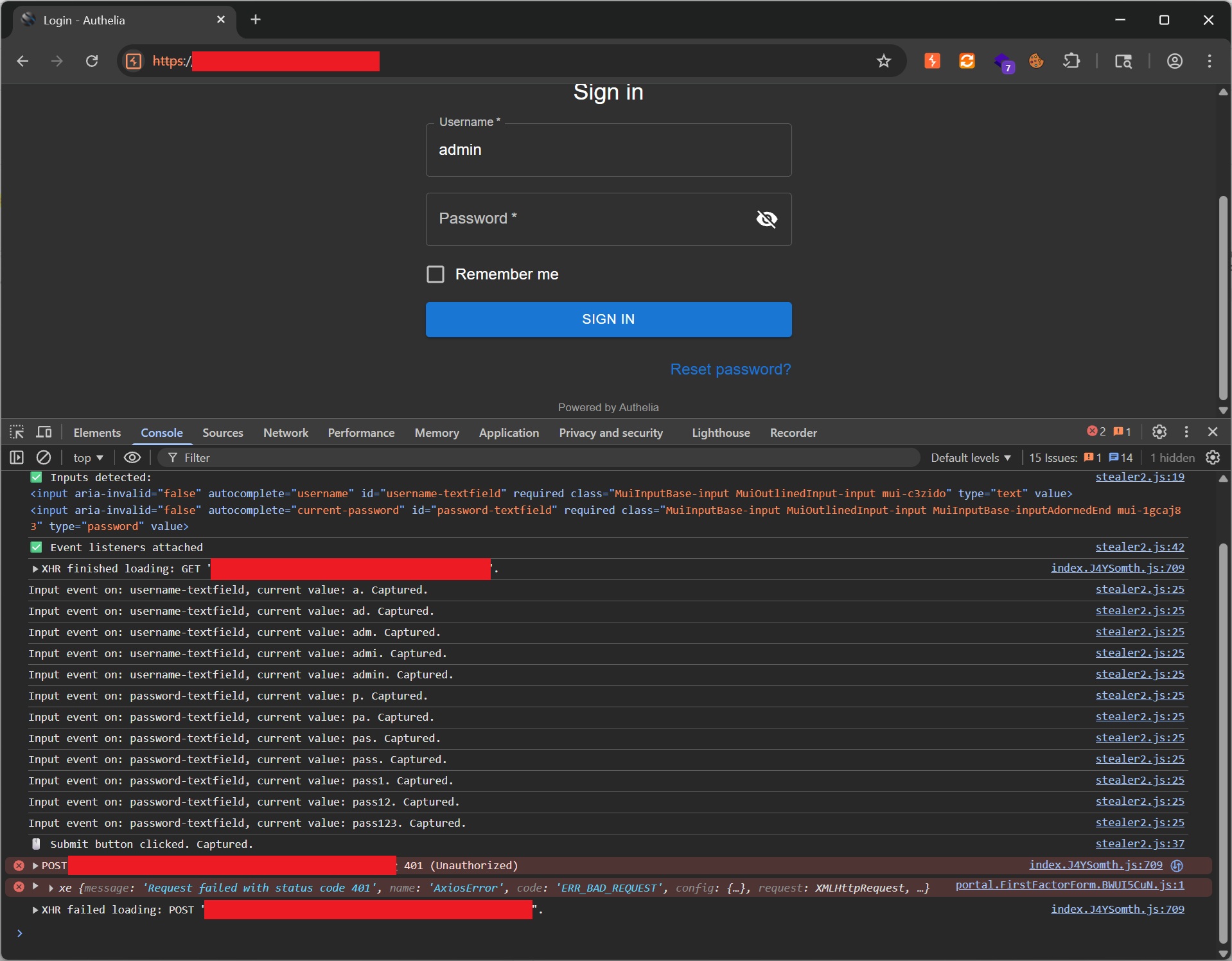 Login page with malicious stealer2 js loaded capturing credentials